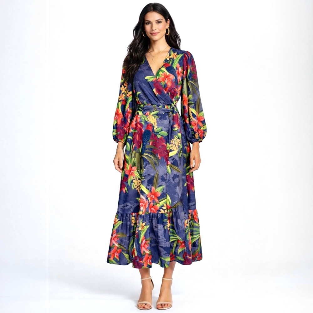 NEW Tommy Bahama Long Sleeve Floral Maxi Dress 2‎ Bird Hawaii Tropical Wedding